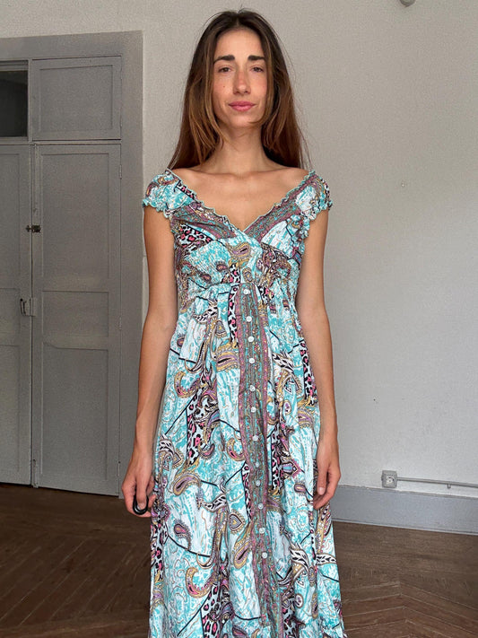 Boho Luxe Silk Maxi Dress | Blue Paisley Print Summer Gown | Romantic Festival Look | Cottagecore Inspired | Fairycore Dress Size M