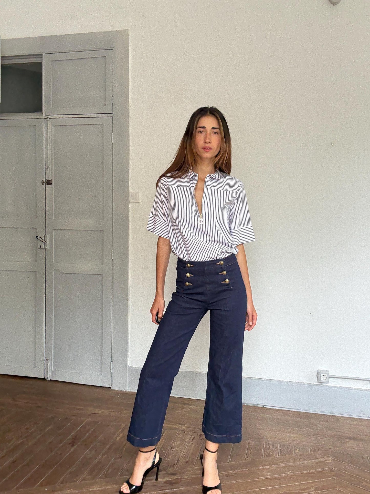 French Girl Zip-Up Blouse | Purificación García Luxury Striped Shirt | Navy White Chic Top | Size M, Emily in Paris aesthetic