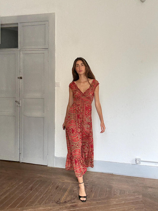 Silk Boho Maxi Dress | Red Gold Summer Dress | Romantic V Neck Silk Dress | Vintage Inspired Gypsy Gown | Size S