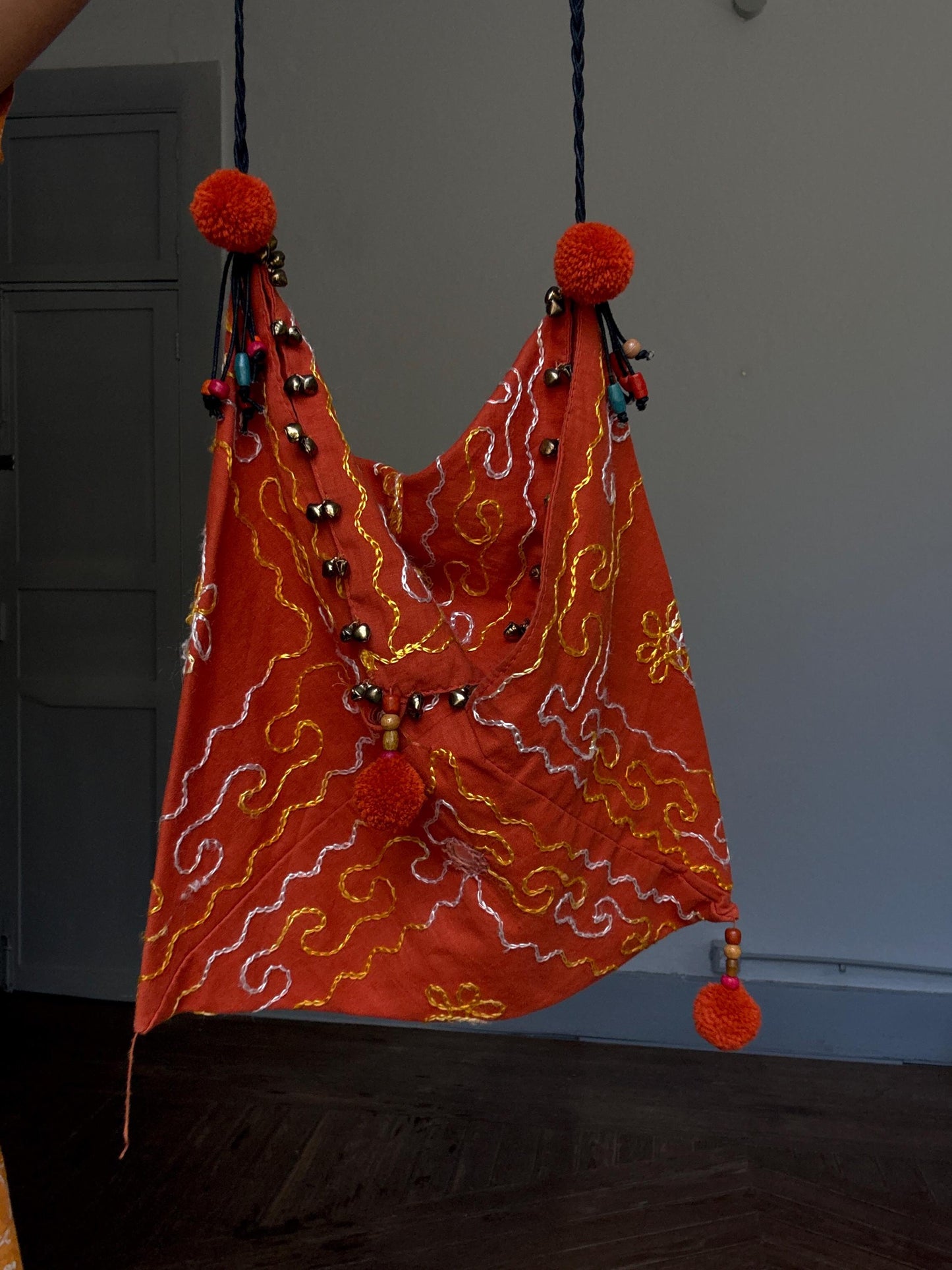 Boho Orange Crossbody Bag | Mirror Embroidered Festival Bag | Beaded Indian Gypsy Pouch