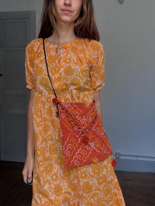 Boho Orange Crossbody Bag | Mirror Embroidered Festival Bag | Beaded Indian Gypsy Pouch | Handmade Envelope Shoulder Bag