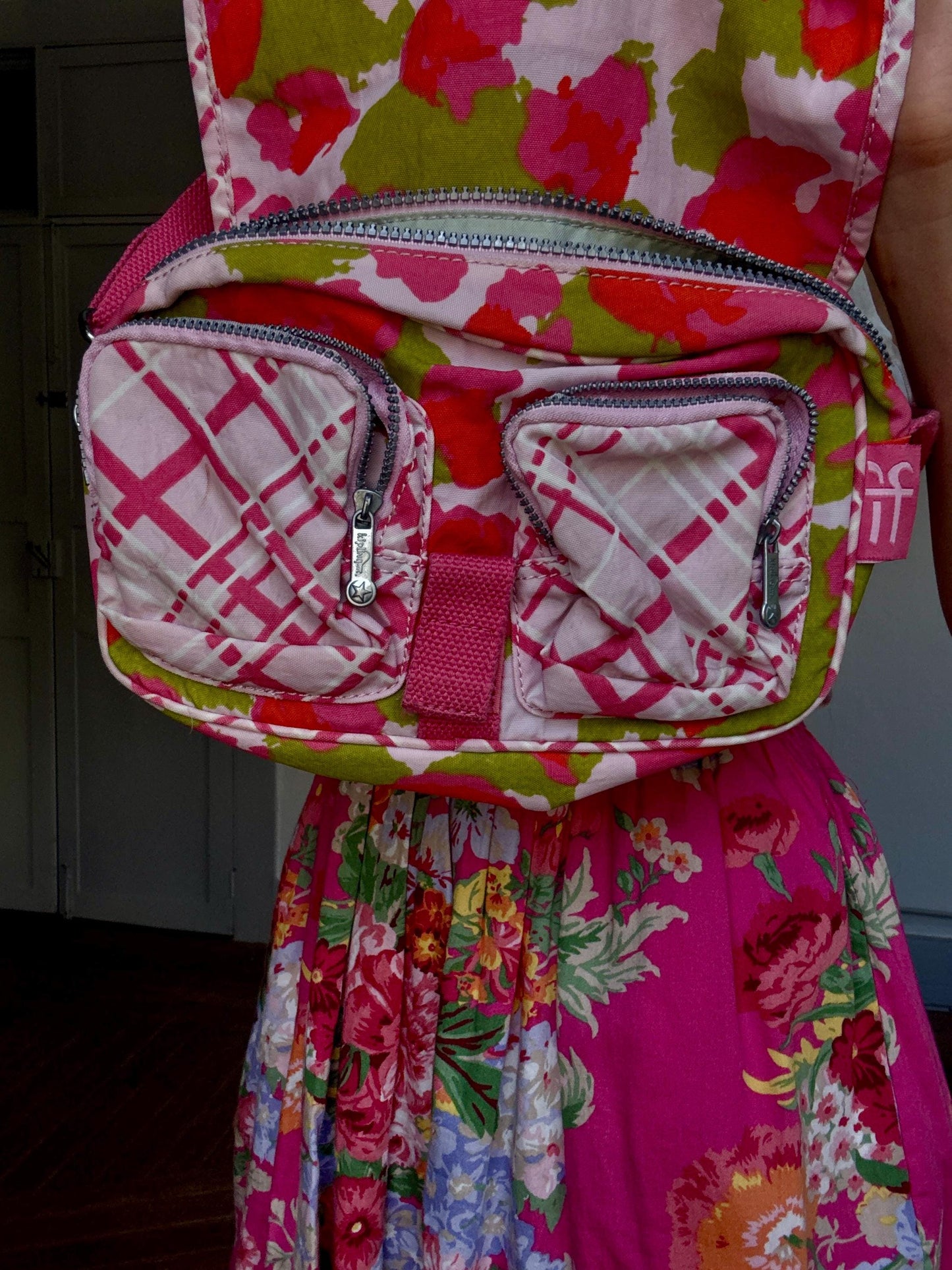 Kipling Pink Floral Shoulder Bag | Y2K Style Nylon Crossbody | Bold Patterned Secondhand Bag | No Monkey Charm