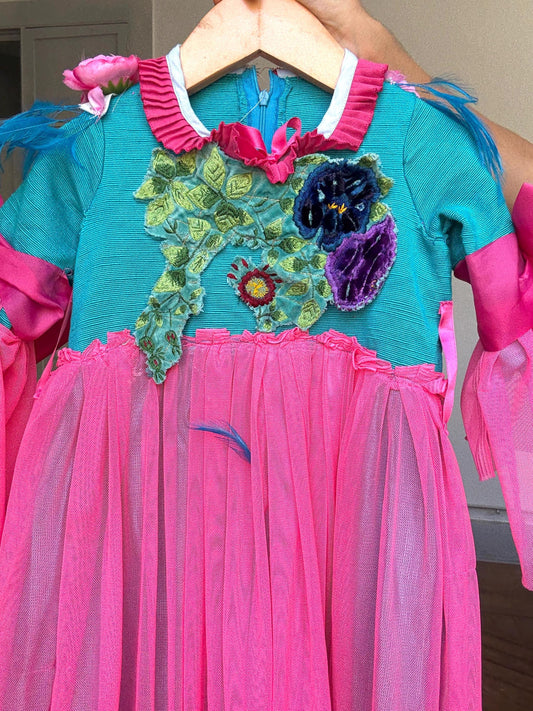 Unique Handmade Kids Princess Costume, One of a kind vibrant Pink & Teal Dress with Feathers, Bows, and Sequins Fairy Dress Up Outfit, 4–6