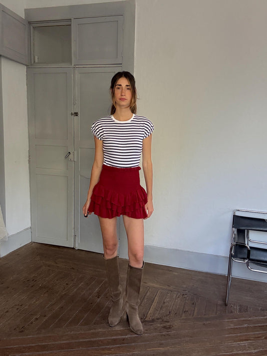 Blue & white striped bodysuit – stretchy cotton tee fit, French girl summer vibes, cute puff sleeve vintage style top size S