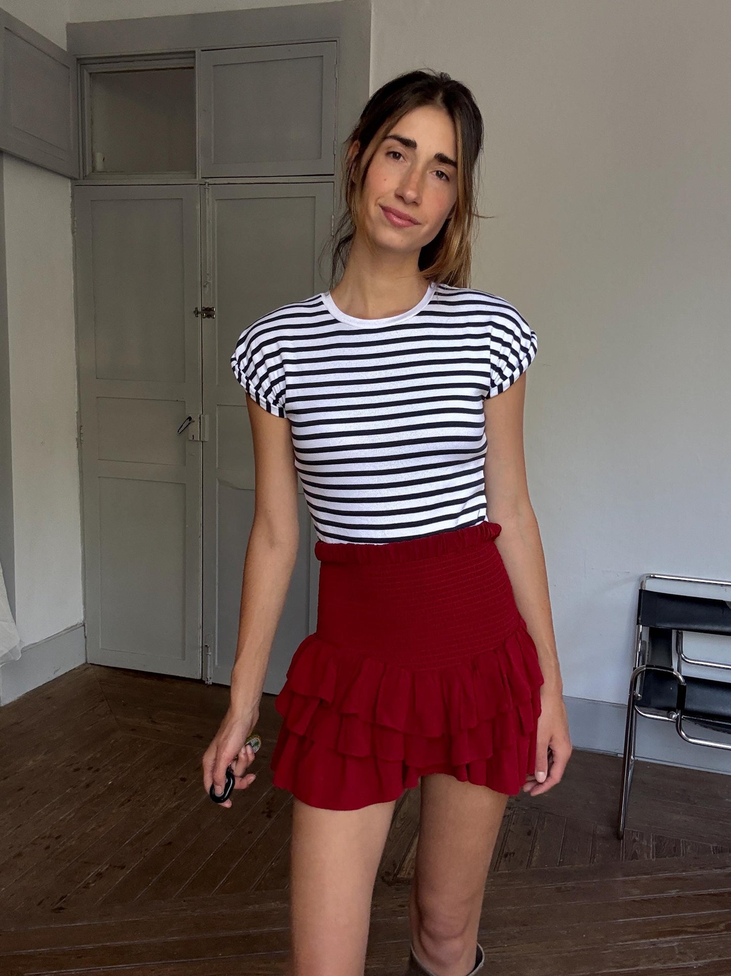 Blue & white striped bodysuit – stretchy cotton tee fit, French girl summer vibes, cute puff sleeve vintage style top size S