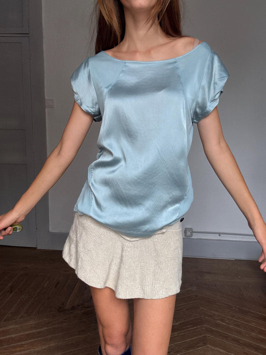 Adolfo Dominguez silk blend top – icy blue satin sheen, draped fit, cap sleeves, elegant fluid style in luxe viscose-silk mix