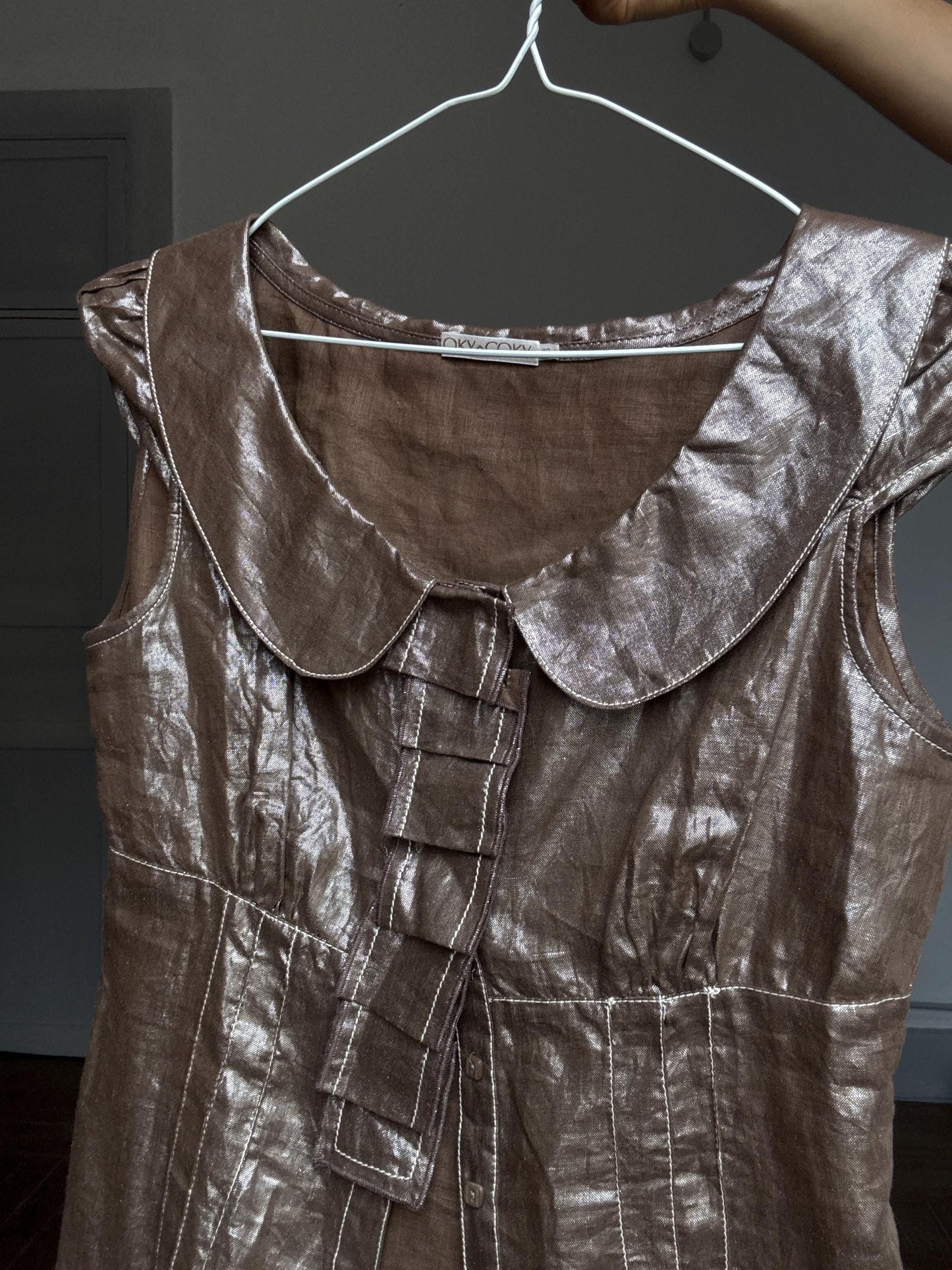 Vintage OKY COKY Shimmer Blouse | Peter Pan Collar & Ruffle Front | Made in Spain | Size S