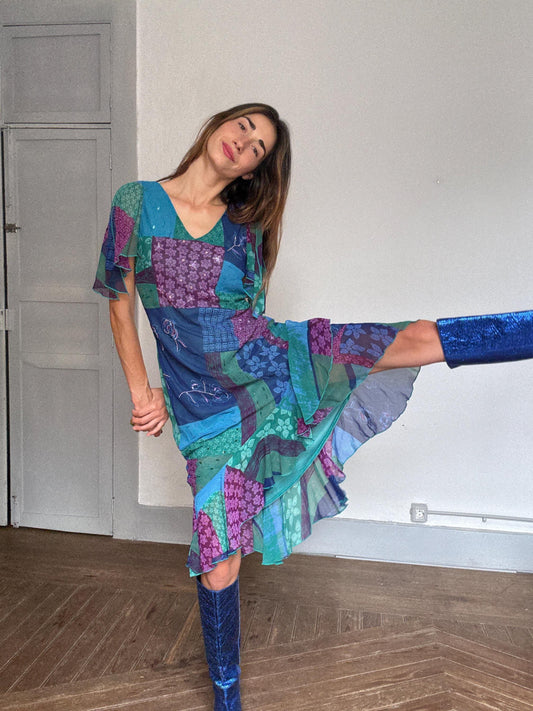 Vintage Boho Patchwork Sequin Maxi Dress – 90s Kharisma Colorful Ruffle Hem Gown – Festival Fairycore Size M/L