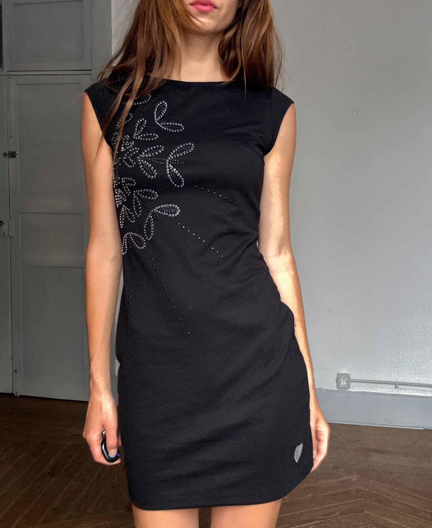 Desigual Black Mini Dress – Sleeveless Bodycon Casual Party Dress – Y2K Crystal Detail – Size S