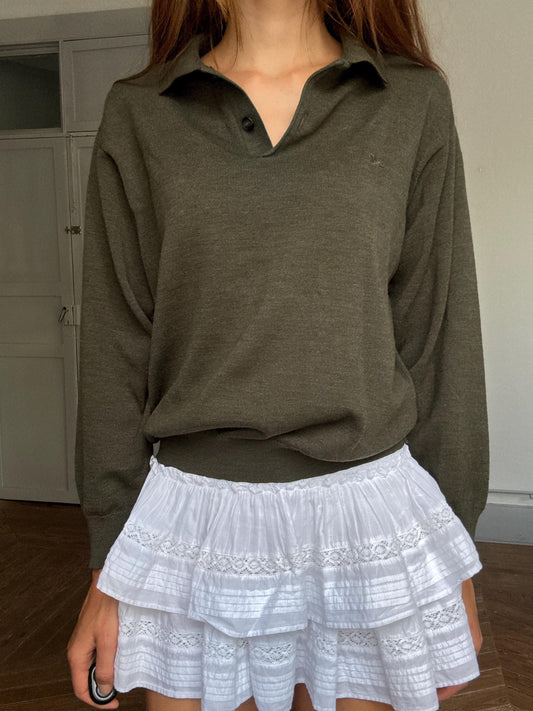 Vintage Burberry London collared sweater – soft stretch knit, deep olive tone, unisex fit, minimalist with button detail