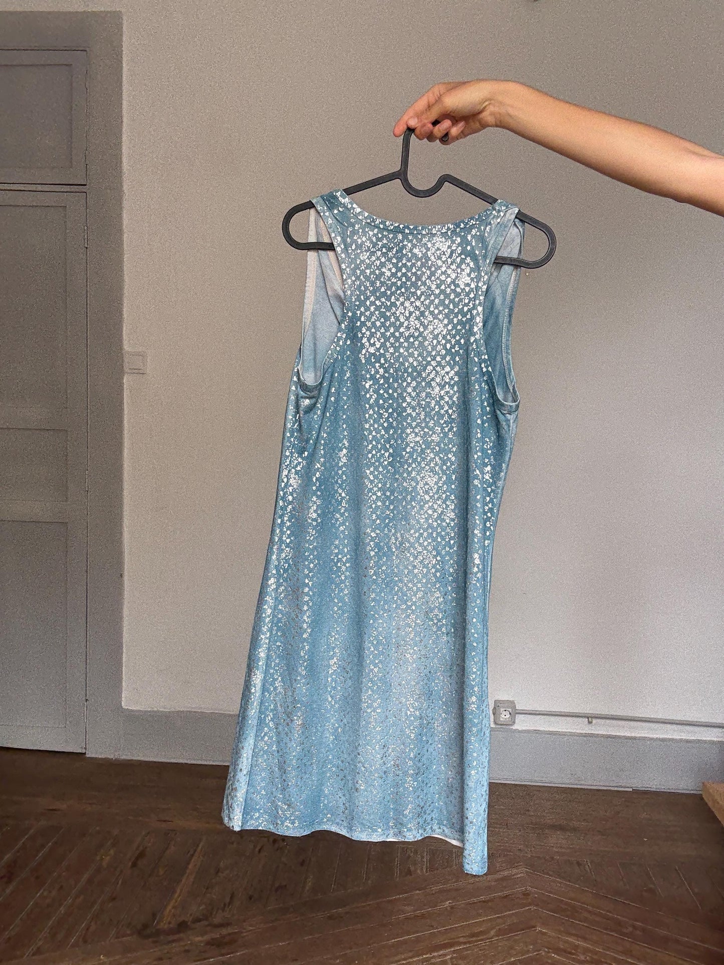 Vintage Gusto Lime Sparkle Mini Dress – Blue & Silver Metallic Party Dress – Y2K Clubwear – Cowl Neck Sleeveless Bodycon