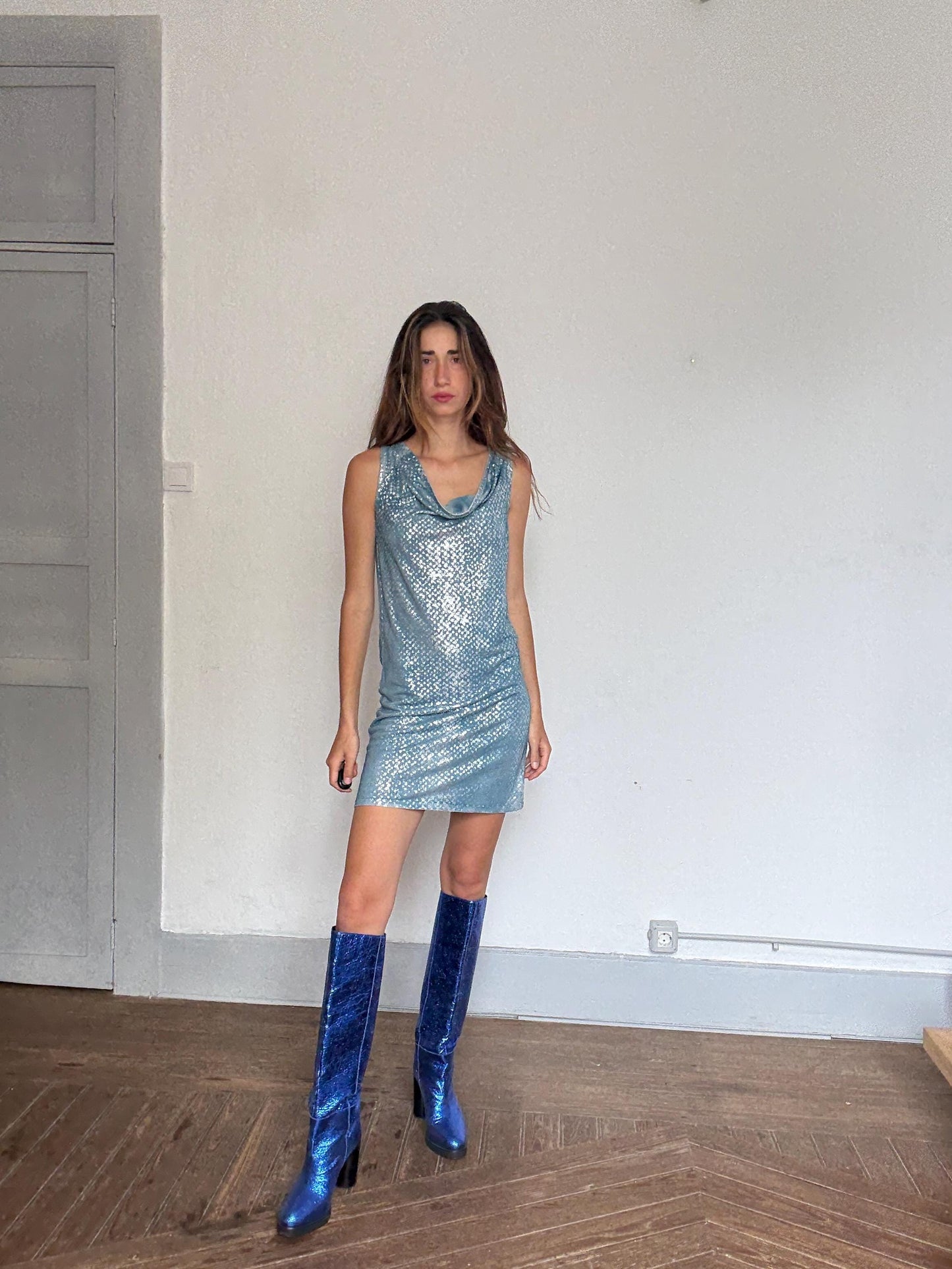 Vintage Gusto Lime Sparkle Mini Dress – Blue & Silver Metallic Party Dress – Y2K Clubwear – Cowl Neck Sleeveless Bodycon