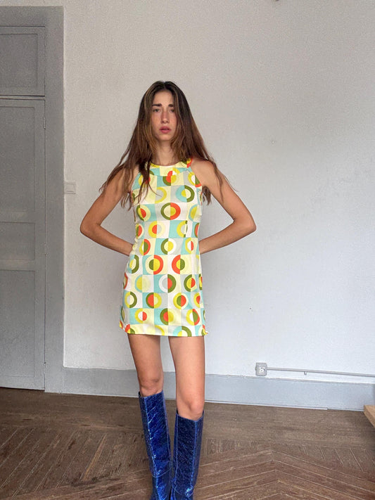 Y2K Retro Mod Mini Dress by Kookaï – 60s Psychedelic Circle Print | Sleeveless Micro Dress | Twiggy Aesthetic Party Look | Size S