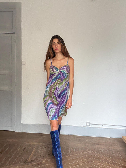Vintage Cortefiel 100% silk dress – size 38, psychedelic swirl print, stretchy bust, slip dress aesthetic, Y2K retro