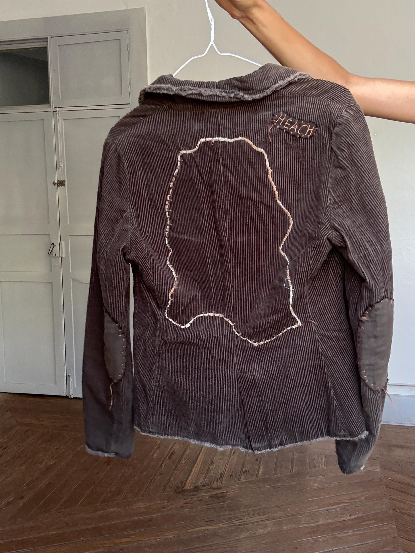 Y2K Corduroy Blazer Jacket – Silvian Heach | Dark Brown Distressed Stitch Detail | Bella Hadid Street Style Vibe | Grunge Academia | Size L