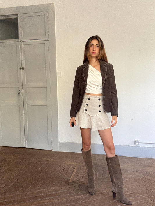 Y2K Corduroy Blazer Jacket – Silvian Heach | Dark Brown Distressed Stitch Detail | Bella Hadid Street Style Vibe | Grunge Academia | Size L