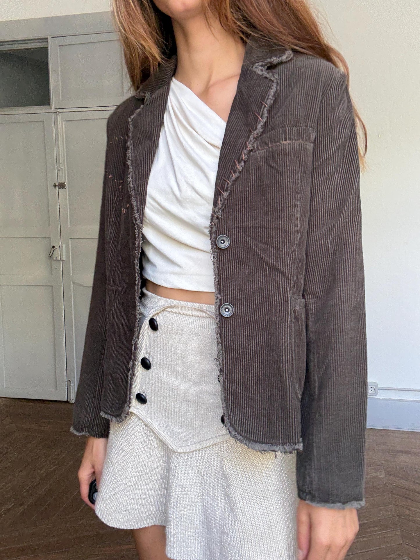 Y2K Corduroy Blazer Jacket – Silvian Heach | Dark Brown Distressed Stitch Detail | Bella Hadid Street Style Vibe | Grunge Academia | Size L