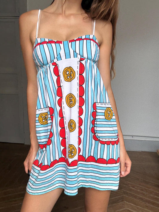 Manoush Designer Mini Dress, Playful Striped Print Cotton Sundress | Indie French Style | Emily in Paris Vibes, Size S, Rare Statement Piece