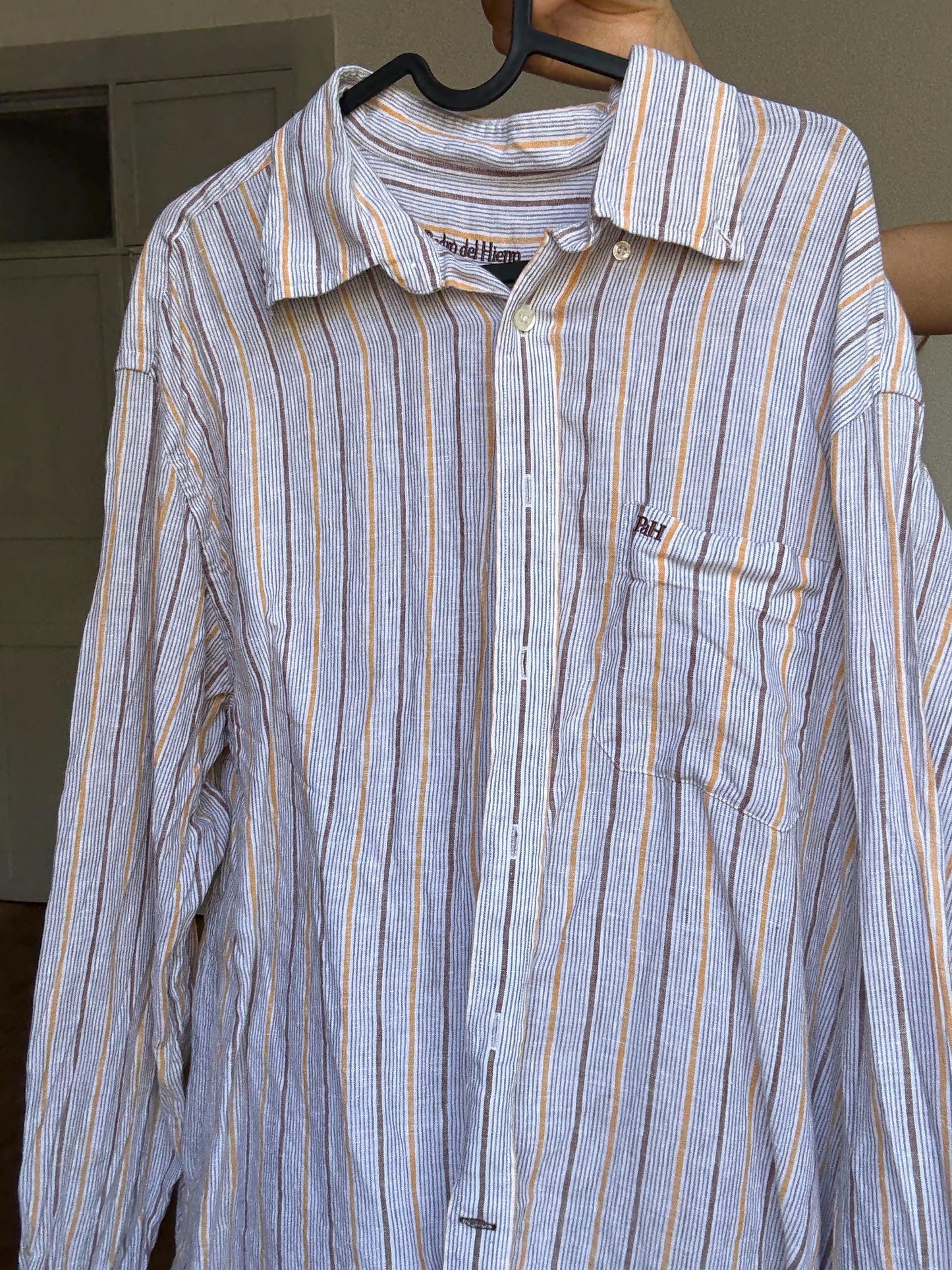 Pedro del Hierro 100% linen striped shirt – men’s XL / T-5, unisex fit, pastel yellow & brown, lightweight summer button-up