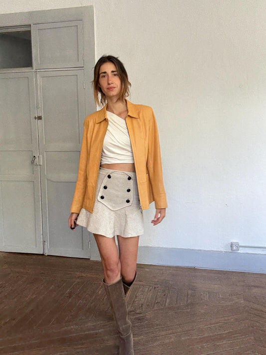 Victor Sanjuan lambskin leather jacket – size 44, YKK double zip, sheepskin, tailored fit, light tan biker style