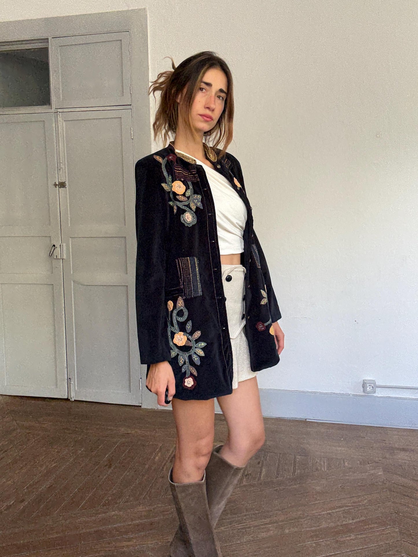 Embroidered Velvet Jacket – Boho Floral Beaded Coat | Peace + Love Long Blazer | 100% Cotton | Patchwork Folk Jacket Size L