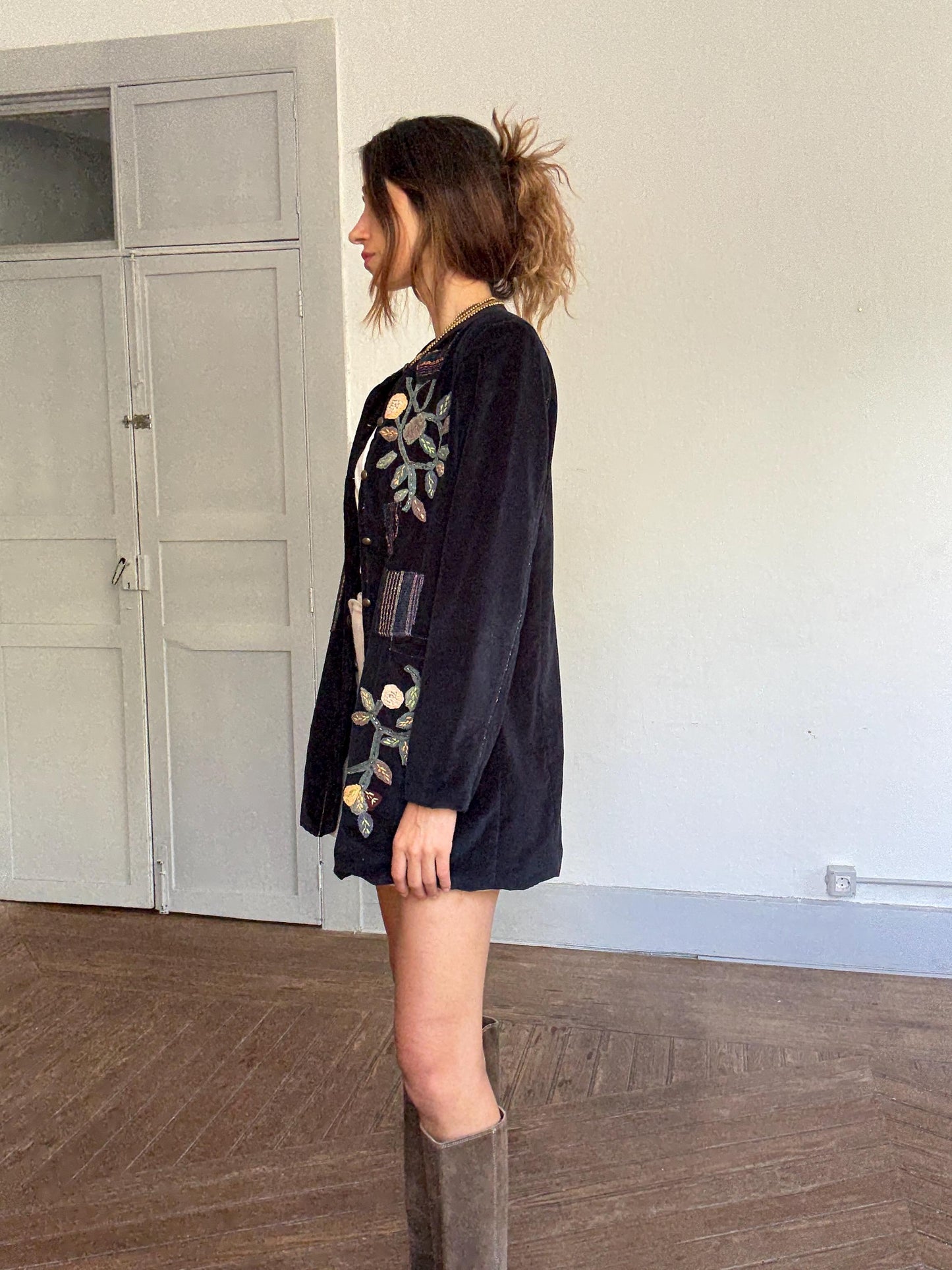 Embroidered Velvet Jacket – Boho Floral Beaded Coat | Peace + Love Long Blazer | 100% Cotton | Patchwork Folk Jacket Size L