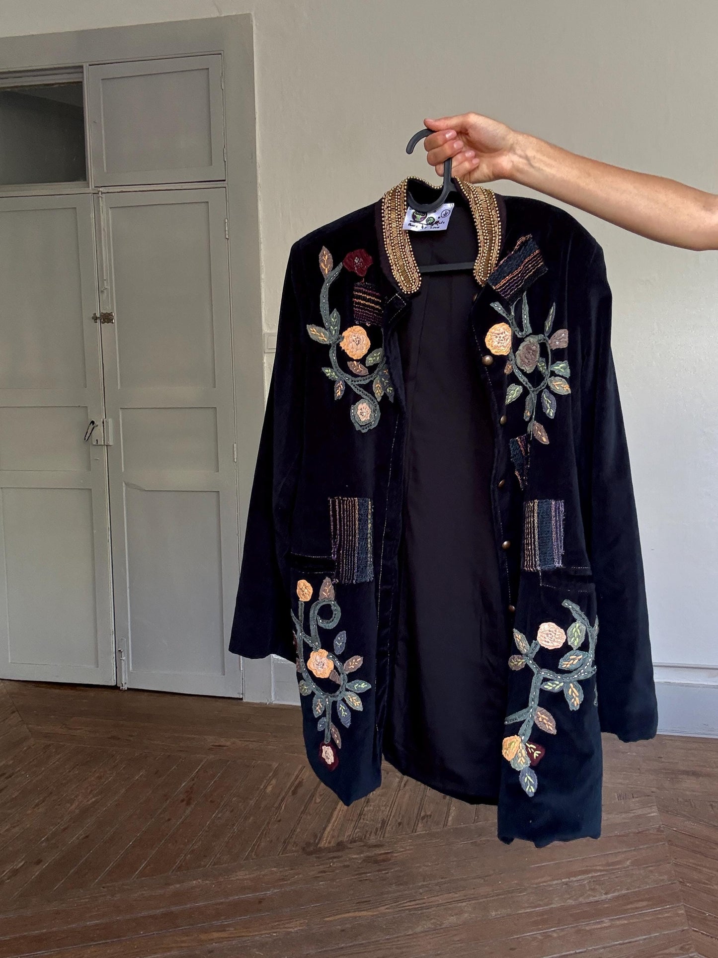 Embroidered Velvet Jacket – Boho Floral Beaded Coat | Peace + Love Long Blazer | 100% Cotton | Patchwork Folk Jacket Size L