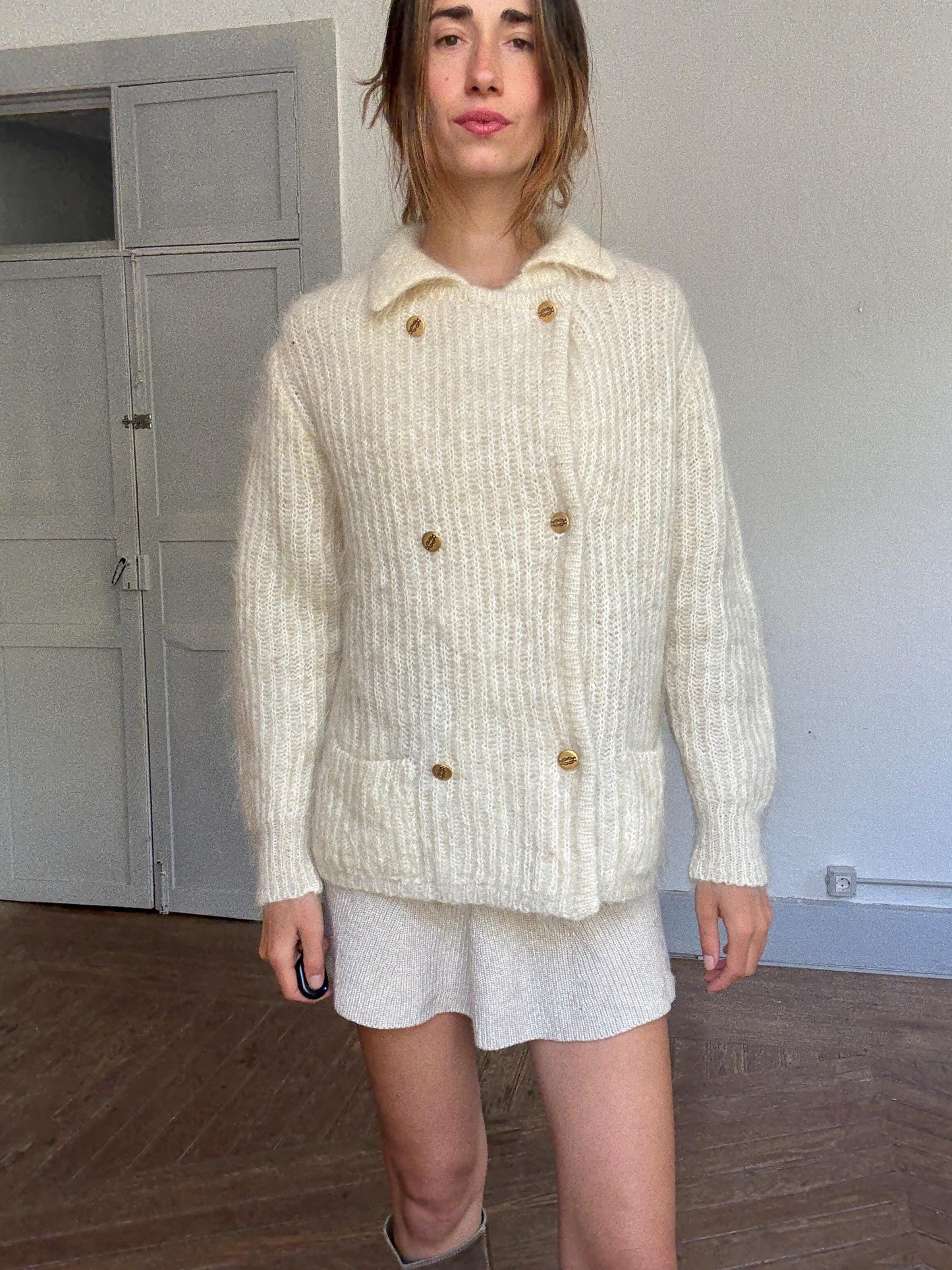 Vintage Cream Cardigan by Carmen Mir | Double-Breasted Knit with Gold Buttons | Size M-L
