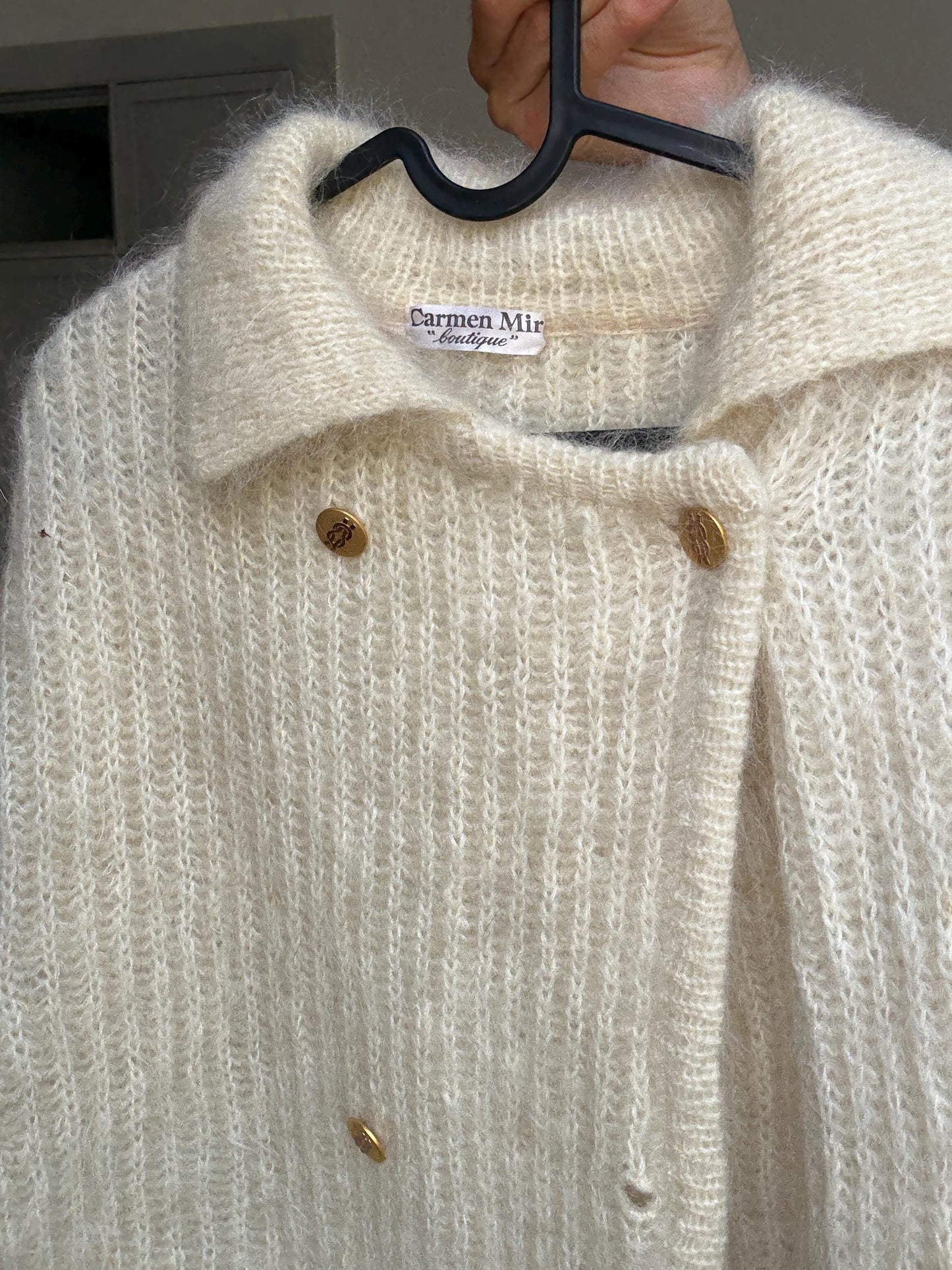 Vintage Cream Cardigan by Carmen Mir | Double-Breasted Knit with Gold Buttons | Size M-L