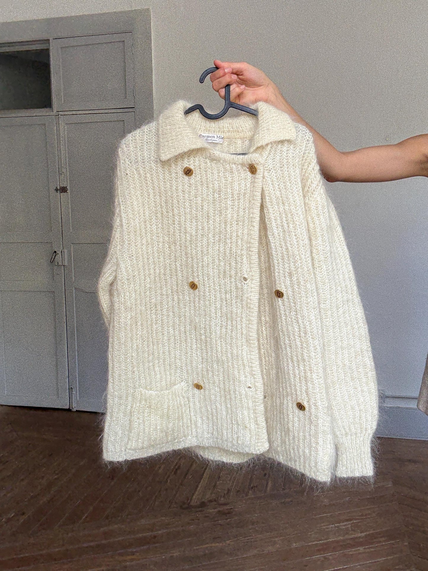 Vintage Cream Cardigan by Carmen Mir | Double-Breasted Knit with Gold Buttons | Size M-L