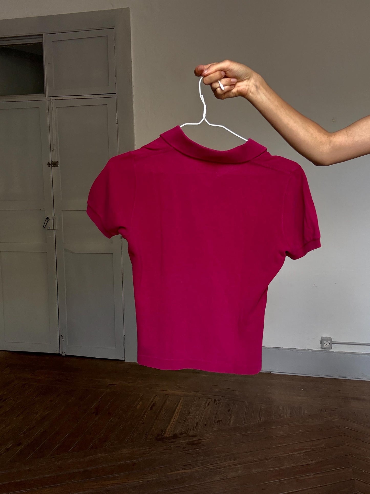 Vintage Lacoste Polo Shirt – Magenta Cropped Fit, French Tenniscore Chic (Size S/M)