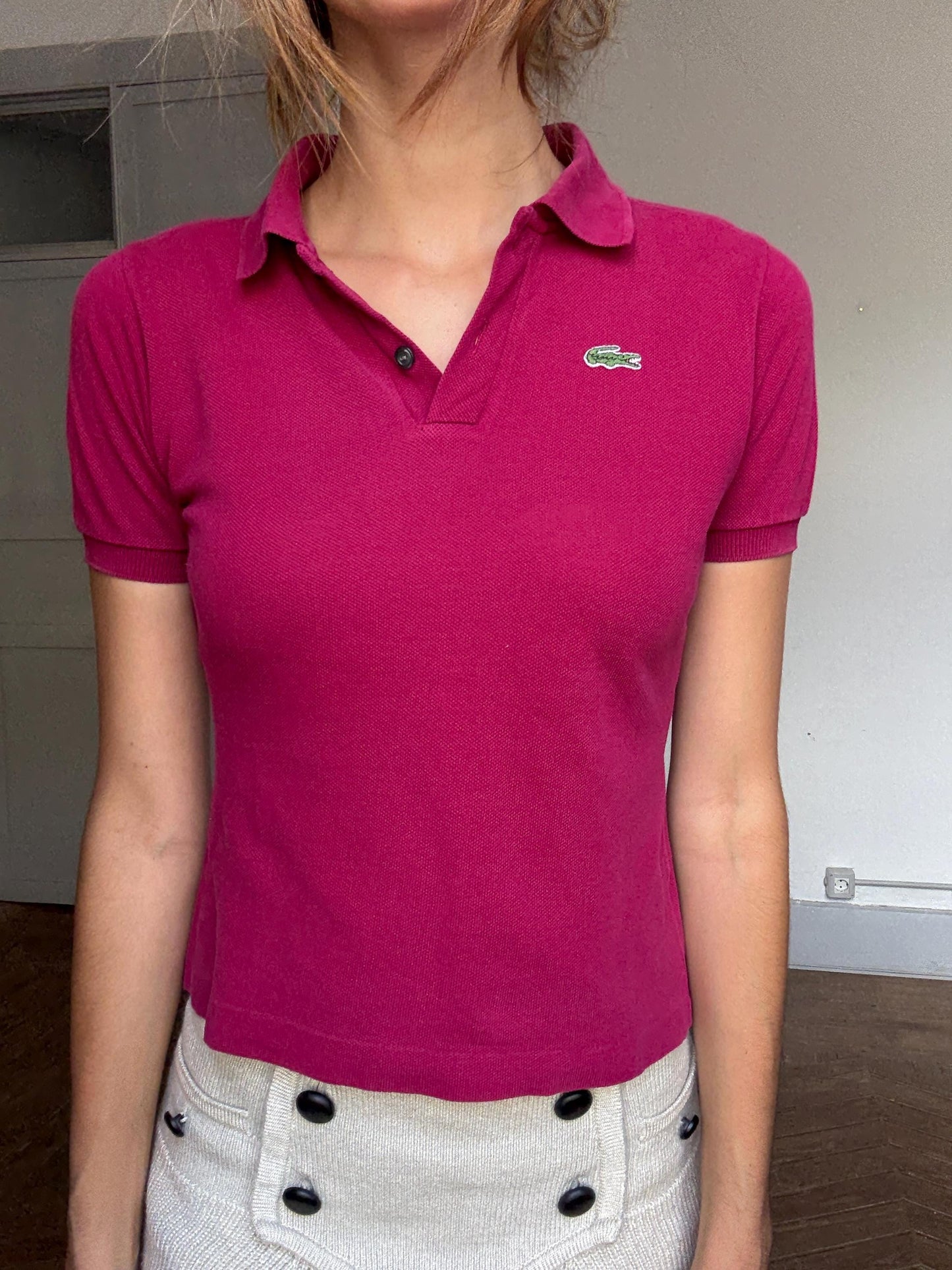 Vintage Lacoste Polo Shirt – Magenta Cropped Fit, French Tenniscore Chic (Size S/M)