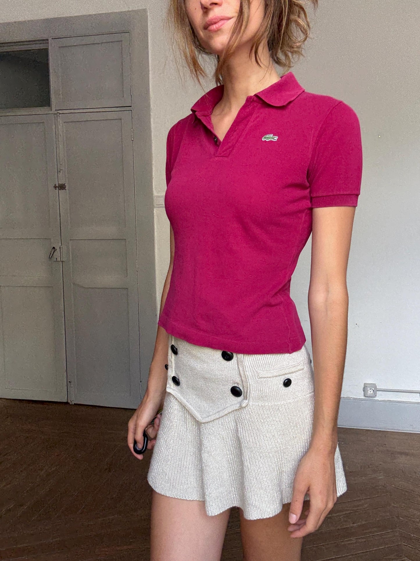 Vintage Lacoste Polo Shirt – Magenta Cropped Fit, French Tenniscore Chic (Size S/M)