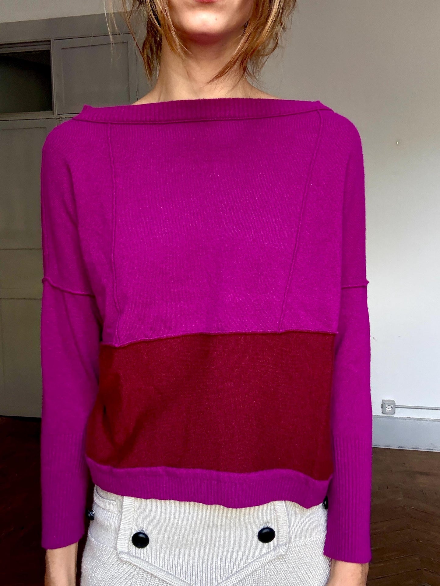 Italian Pink Colorblock Knit Sweater – Guardaroba Wool Cashmere Pullover – Vintage Y2K Inspired Minimalist Jumper – Made in Italy