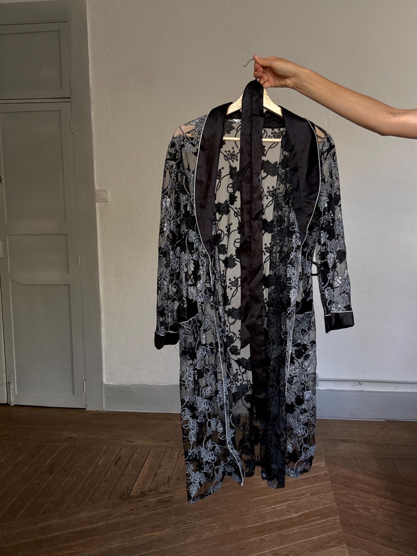 Vintage Sheer Black Floral Robe with Satin Trim | Lingerie Cover Up | Size XL