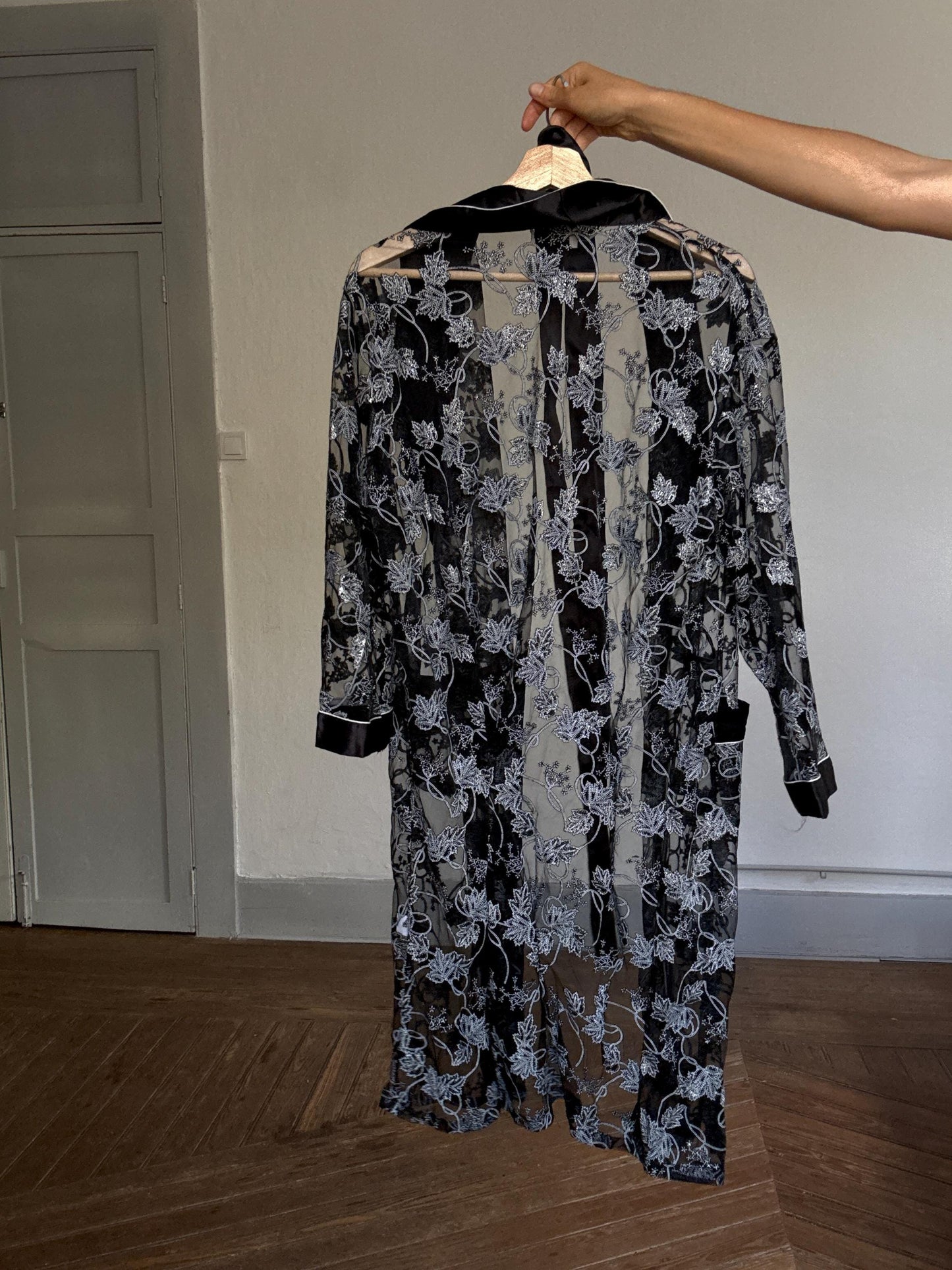Vintage Sheer Black Floral Robe with Satin Trim | Lingerie Cover Up | Size XL