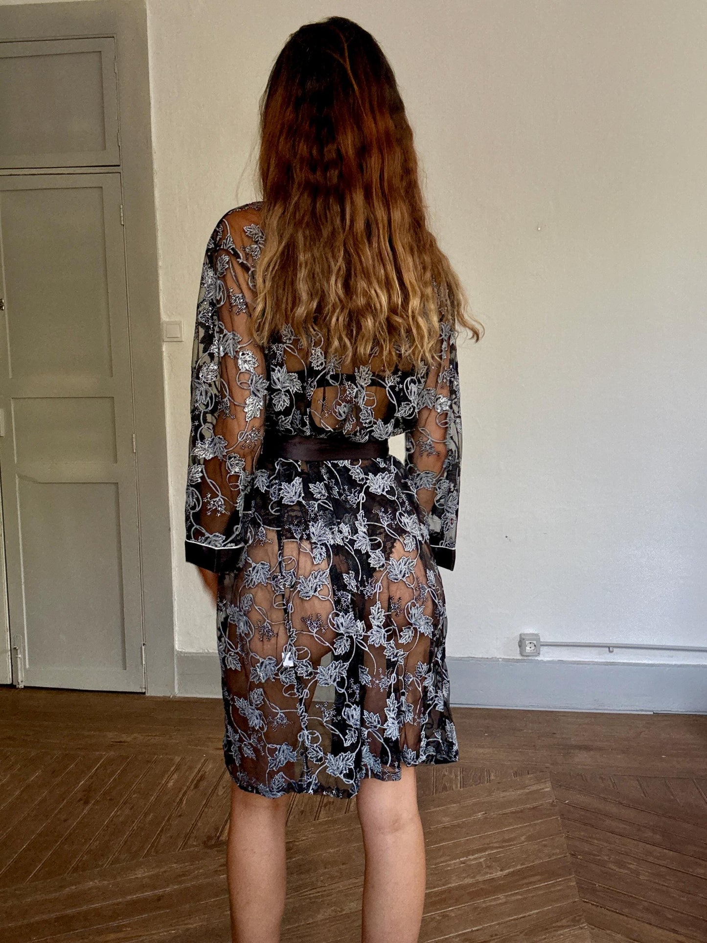 Vintage Sheer Black Floral Robe with Satin Trim | Lingerie Cover Up | Size XL