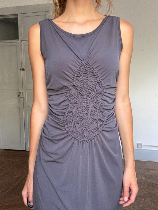 Jeff Gallano stretch ruched bodycon dress – FR 34 / US 2, made in France, vintage luxury, sculpting fit, dark taupe