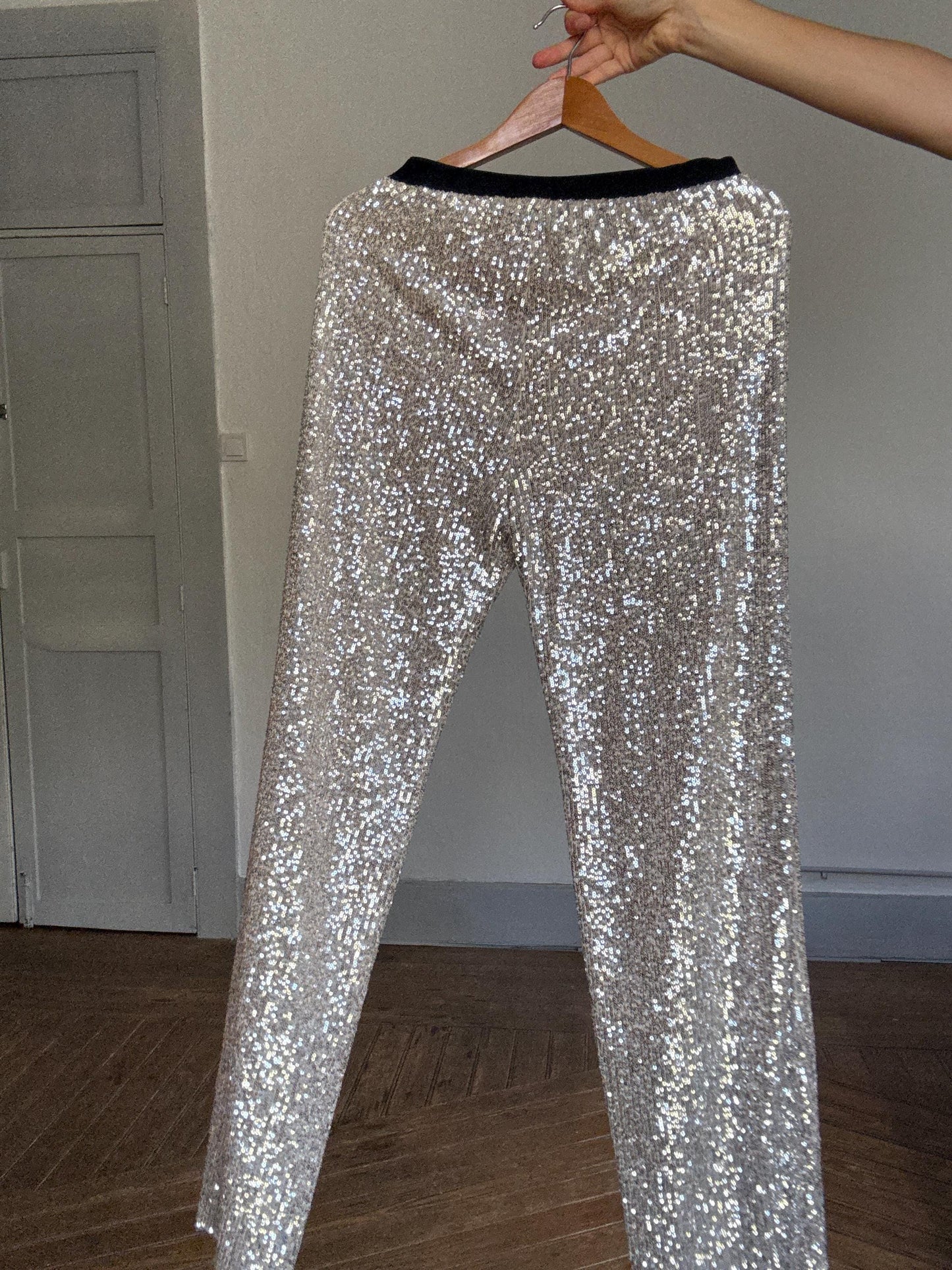 Silver Sequin Party Pants – Vintage Sparkle Trousers with Lining, M