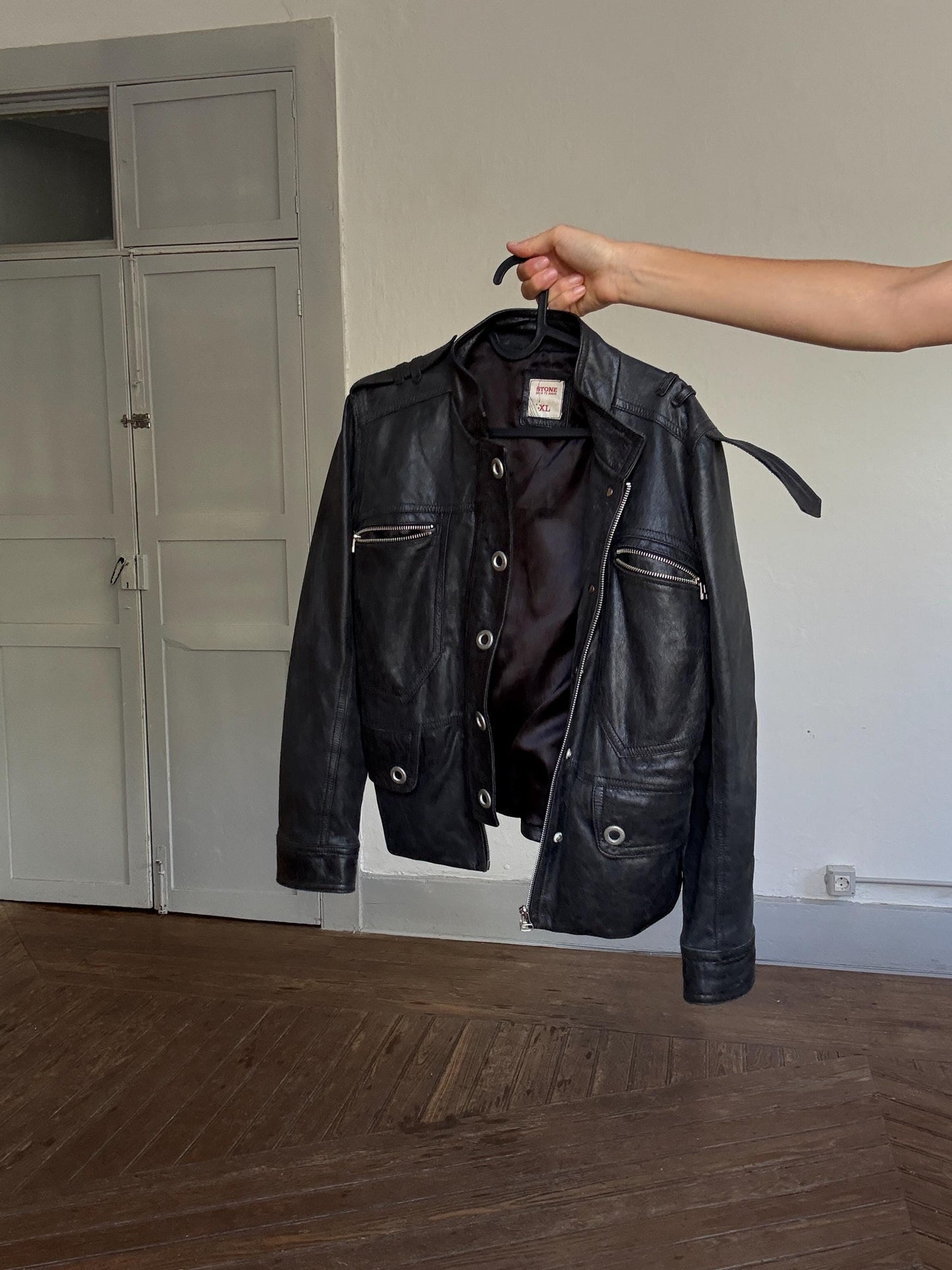 Vintage black leather biker jacket women XL by Stone | Genuine Argentinian leather moto coat | Secondhand edgy street style staple