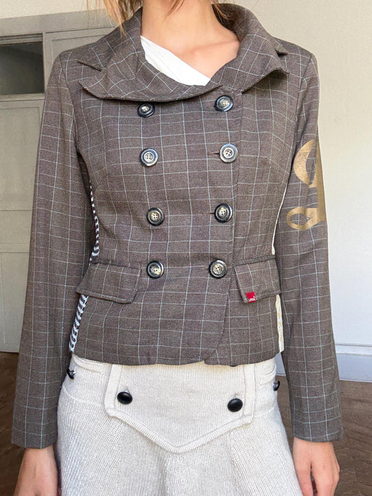 Laga Costura patchwork blazer jacket | Designer checked fitted blazer with embroidery | Size S-M | Unique tailored statement piece