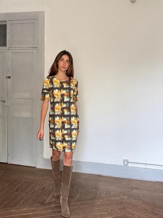 COS Abstract Print Mini Dress | Earthy Luxe Summer Staple, Hidden Pockets & Art-Gallery Vibes, Size S