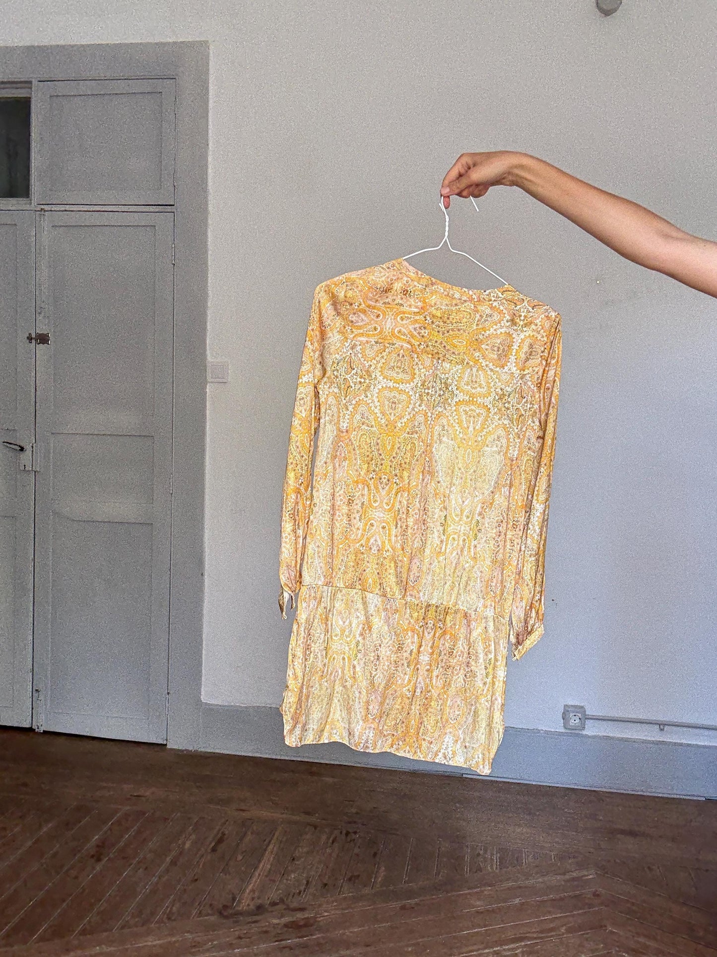 Boho Yellow Mini Dress | Lightweight Paisley Print Long Sleeve | White Lotus Vibes , Size S