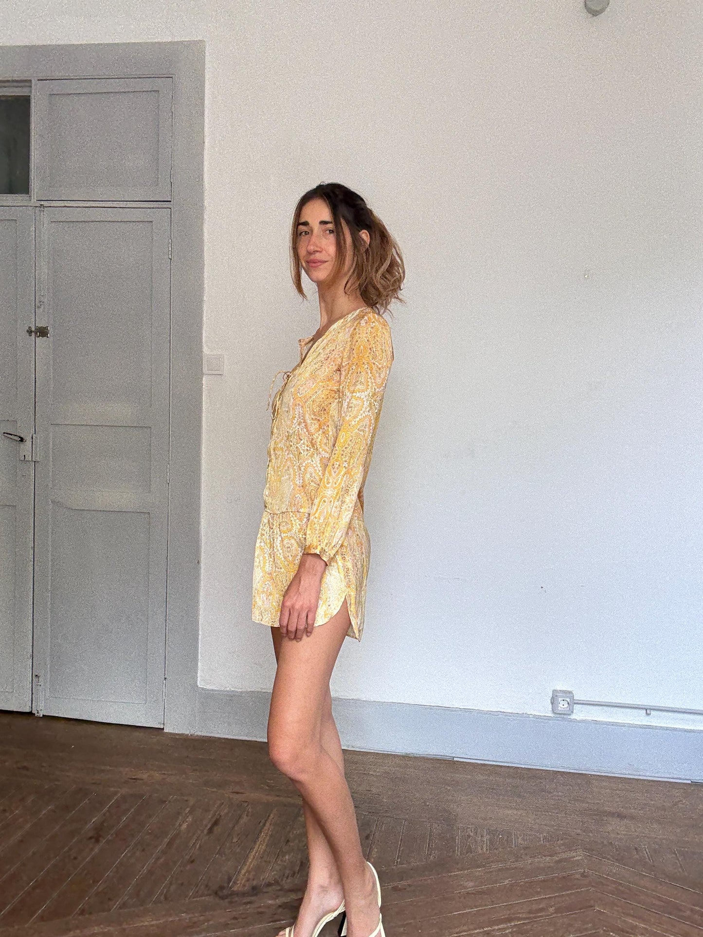 Boho Yellow Mini Dress | Lightweight Paisley Print Long Sleeve | White Lotus Vibes , Size S
