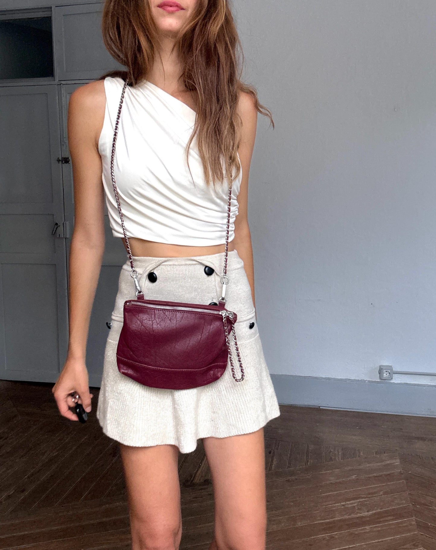 Vintage Zara leather bag – bordeaux red cowhide crossbody with chain strap, wristlet clutch purse, 3-way wear option