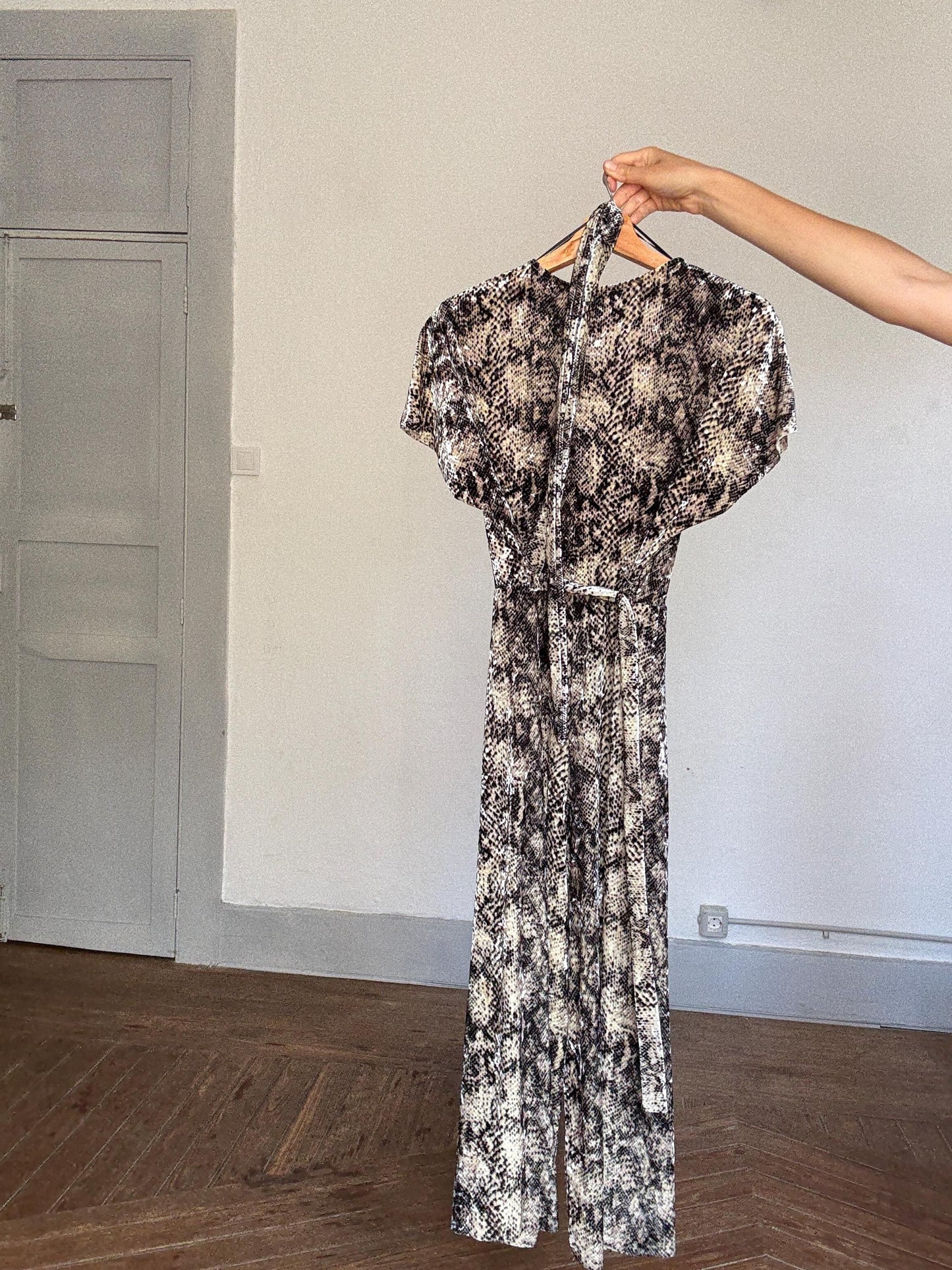 Snake print wrap jumpsuit with belt – comfy stretchy fit, flattering cut, perfect for summer city walks or a poolside aperitif, Size S