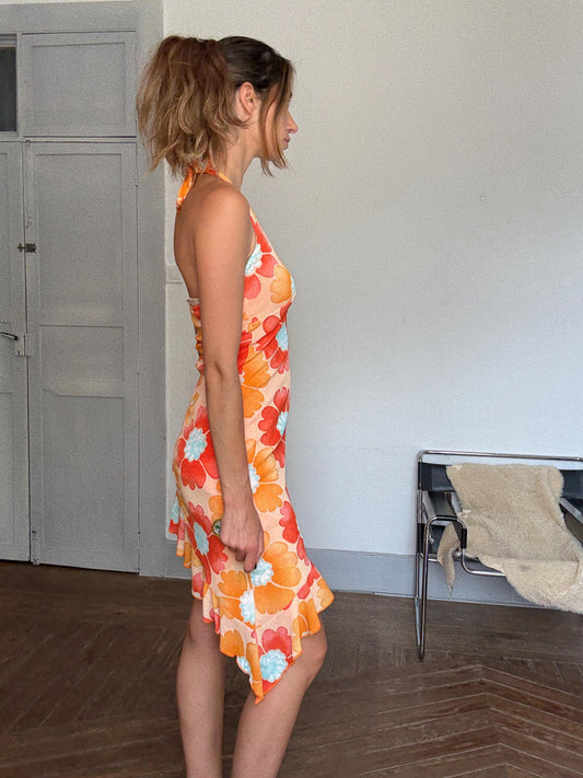 Y2K Floral Halter Dress – Vintage 2000s Ruffle Hem Mini in Groovy Orange Print, Stretchy Asymmetrical Summer Dress
