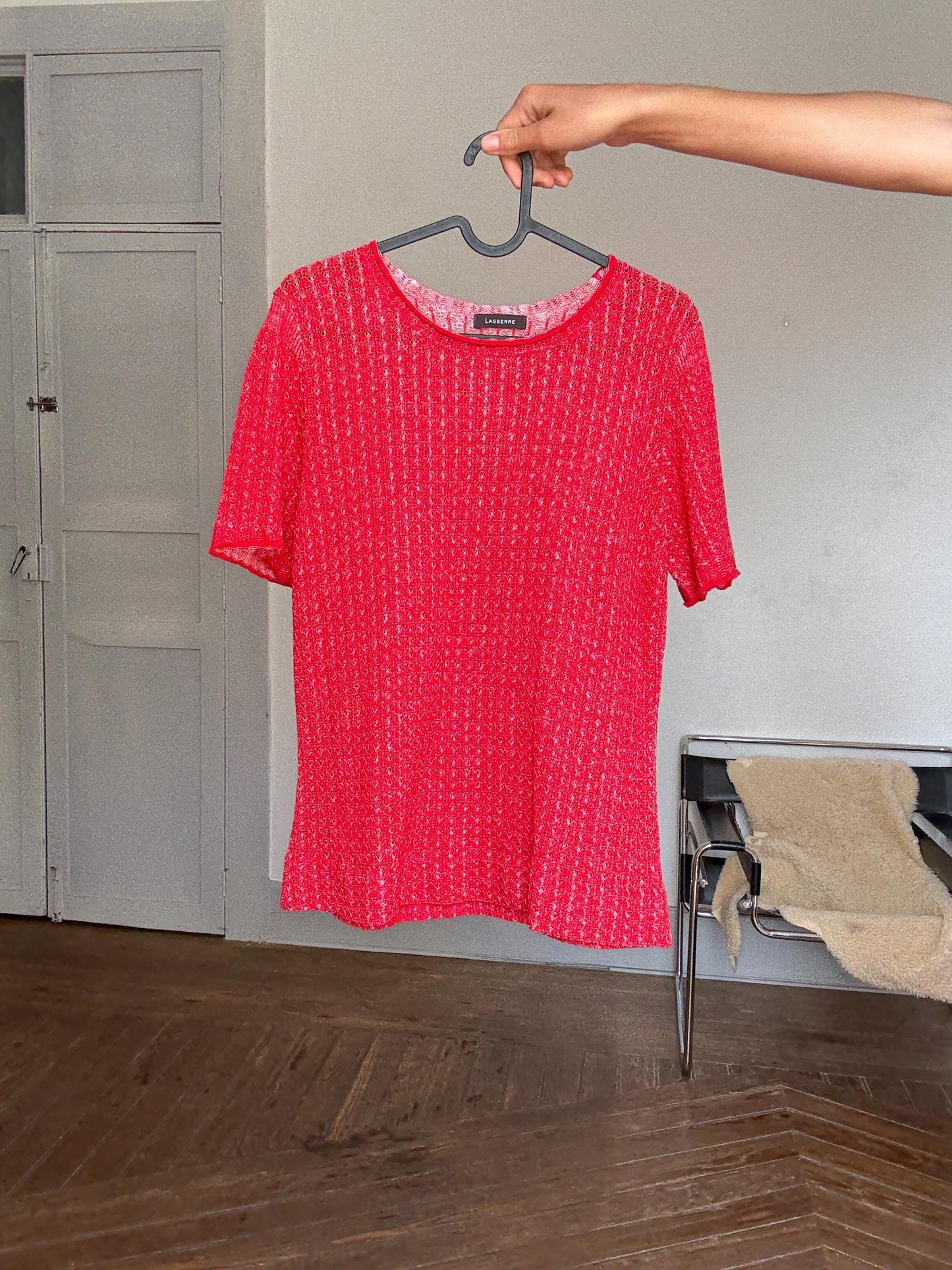 Vintage Lasserre Semi-Sheer Red Knit Top | French Chic Summer Layer | See-Through Parisian Blouse