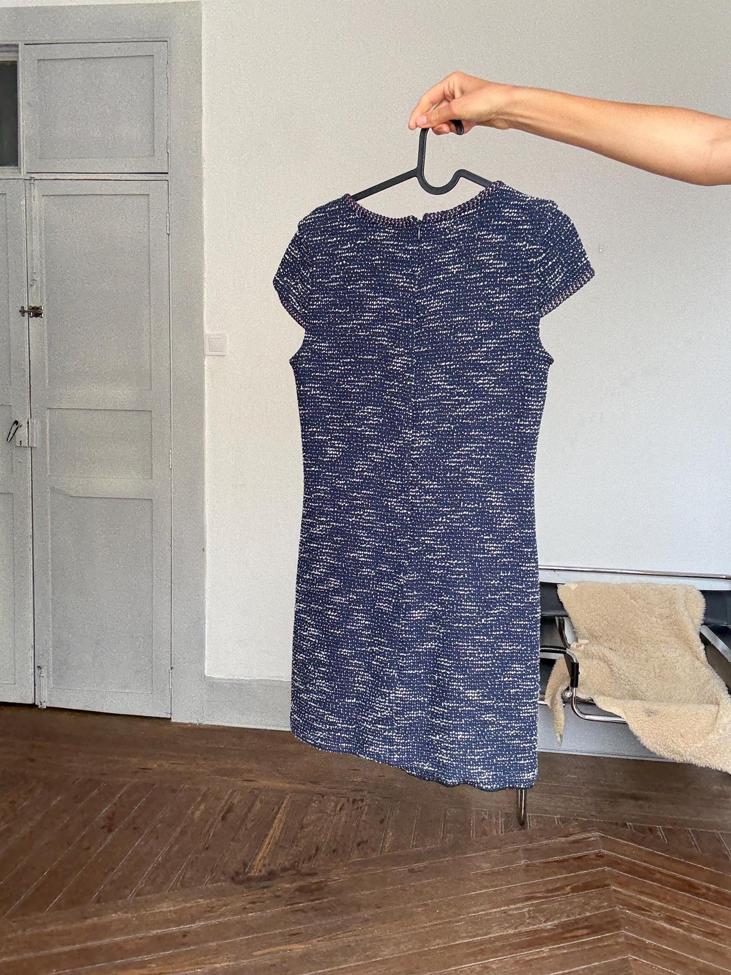 Massimo Dutti navy shimmer mini dress | metallic tweed style | short sleeve shift | elegant French fit | retro 60s vibe | size S