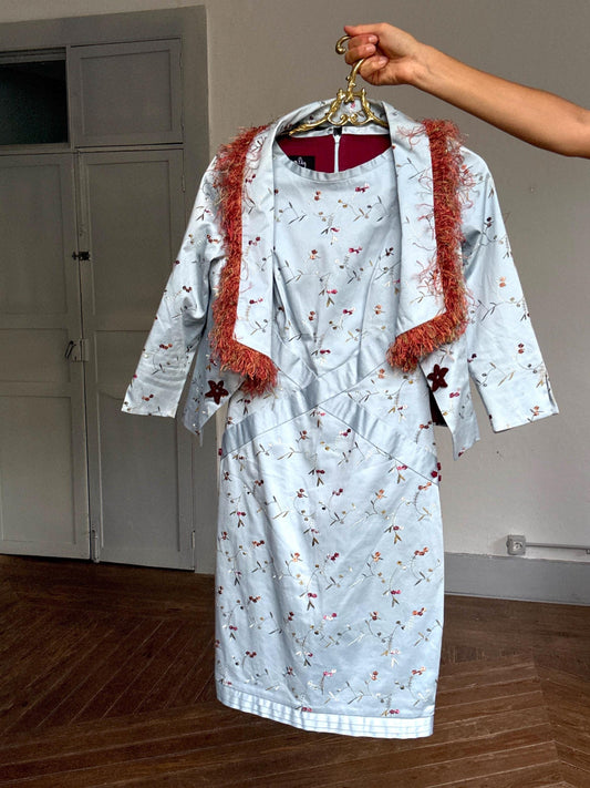 Ogadenia Diaz Vintage Blue Floral Dress, Spanish Designer Couture Petite Fit – Embroidered Y2K Formal Occasion Dress, Size EU 32 - 34, US 2